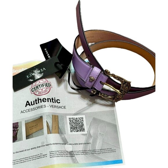 VERSACE Baroque Medusa Leather Belt Purple Gold Sz 95 / 38 Designer Luxury - Picture 2 of 11